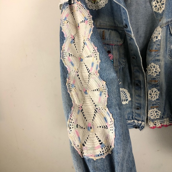 Embellished Blue Jean Jacket Crochet Patchwork - Picture 11 of 14